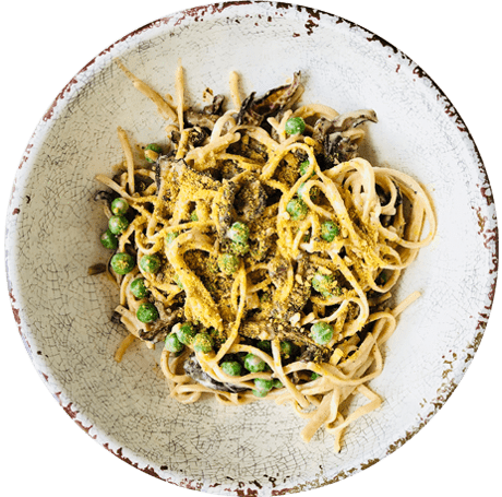 Creamy Alfredo, Shiitake Bacon + Peas